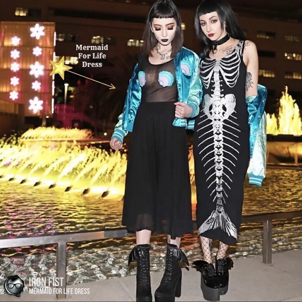 IRON FIST/DOLLS KILL MERMAID FOR LIFE LAYERED MESH DRESS IN BLACK HALLOWEEN MIDI